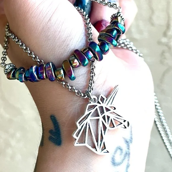 Double layer unicorn rainbow stones stainless steel adjustable choker necklace - Picture 7 of 12